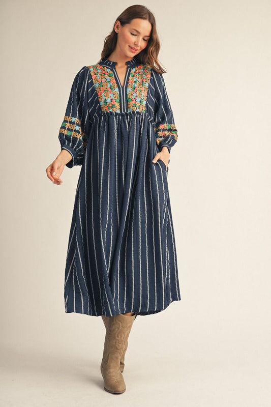 Jodifl 3/4 Sleeve Peasant Midi with Embroidery