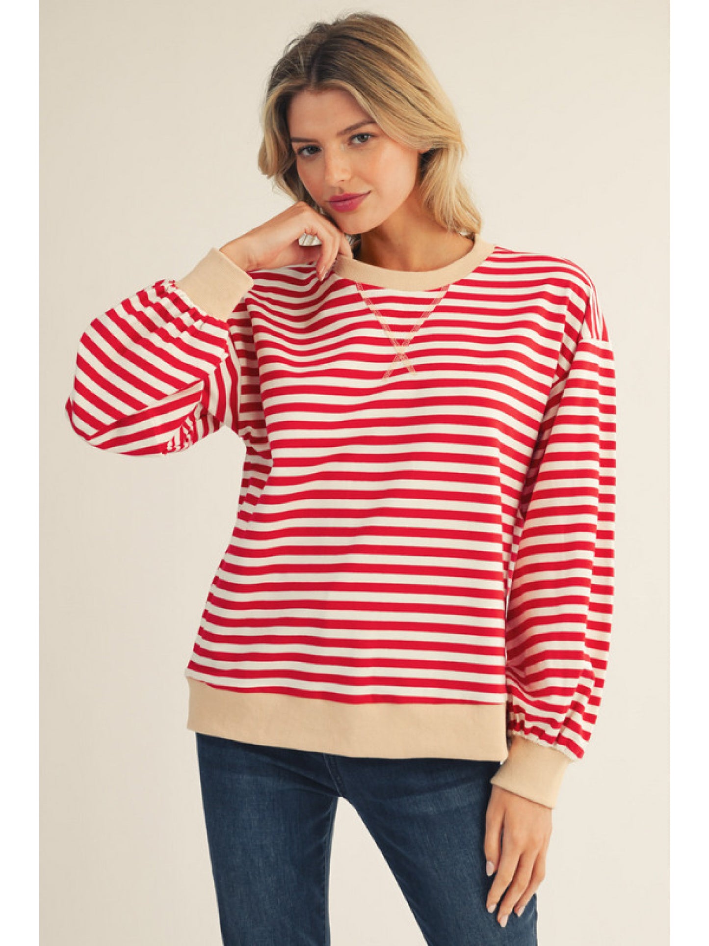 Jodifl Stripe Sweatshirt with V-Notched Neckline