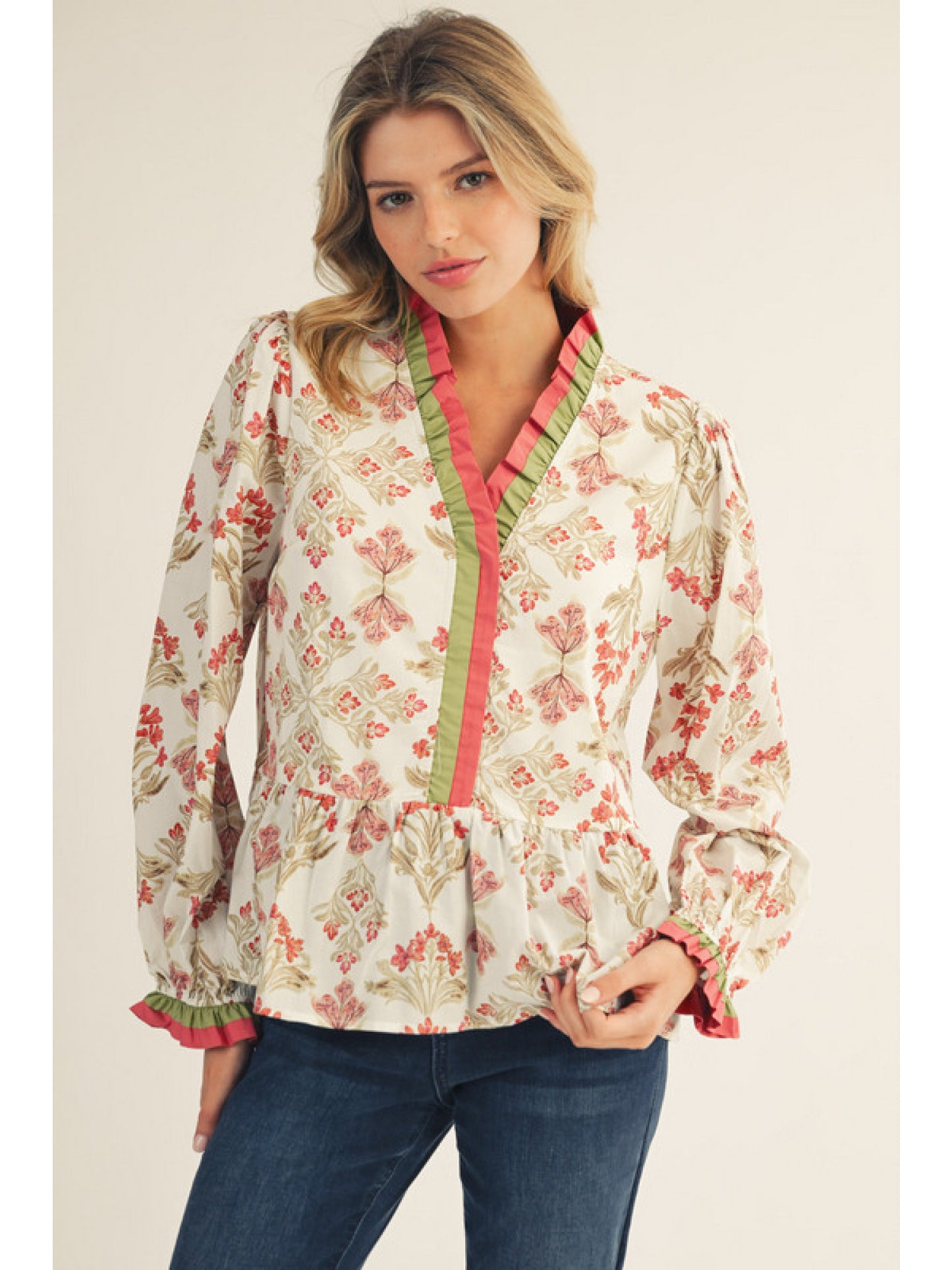 Jodifl Long Sleeve Boho Floral Peplum Top