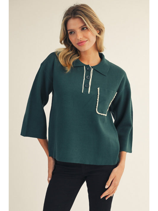 Jodifl 3/4 Polo Sweater with Pearl Accents