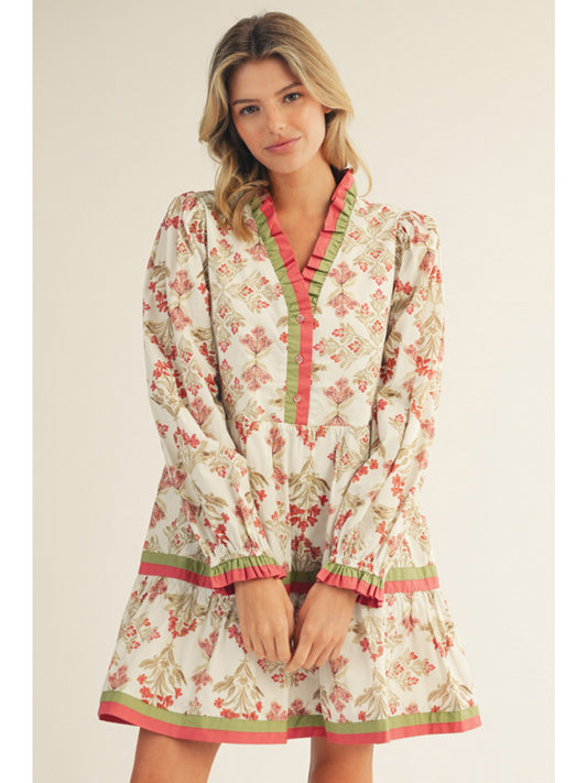 Jodifl Long Sleeve Button Floral Tiered Dress