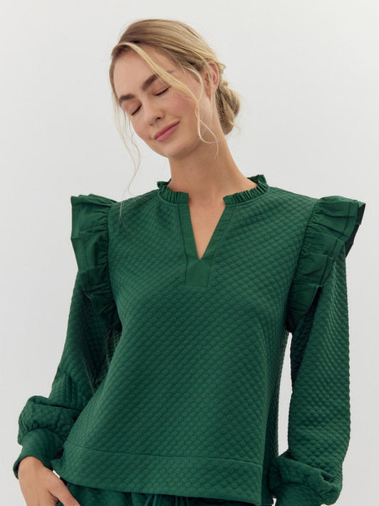 Jodifl Quilted Ruffle LS Top - Hunter Green