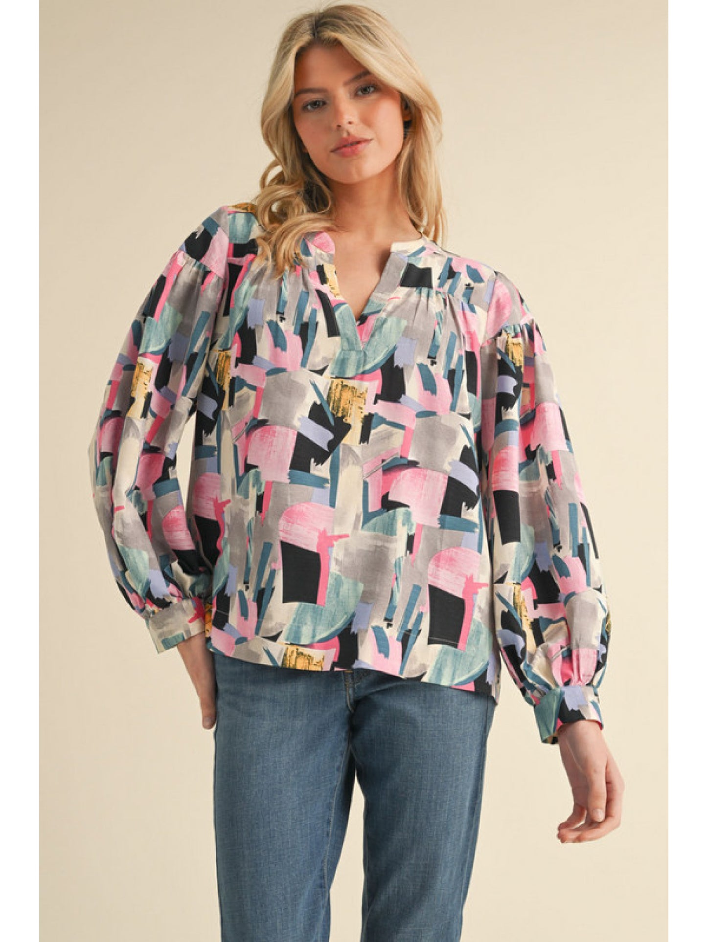 BF Multicolor Print Top with Cuff Sleeves