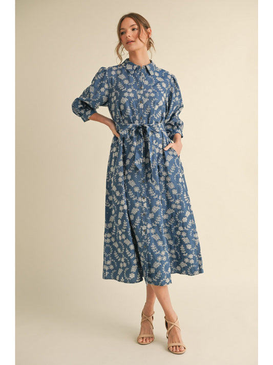 Jodifl Denim Midi Dress with Embroidery Detail