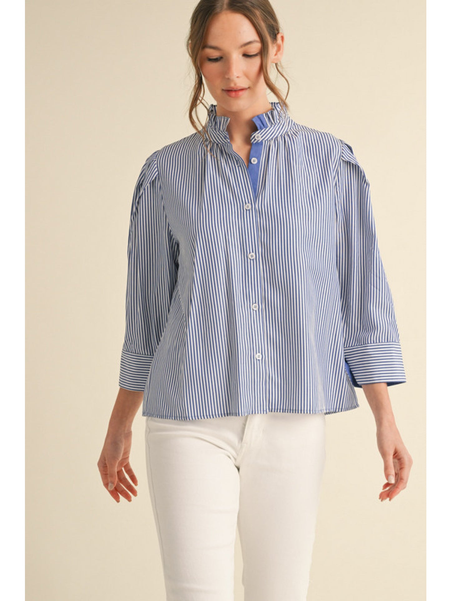 Jodifl Stripe Button Down with Ruffles