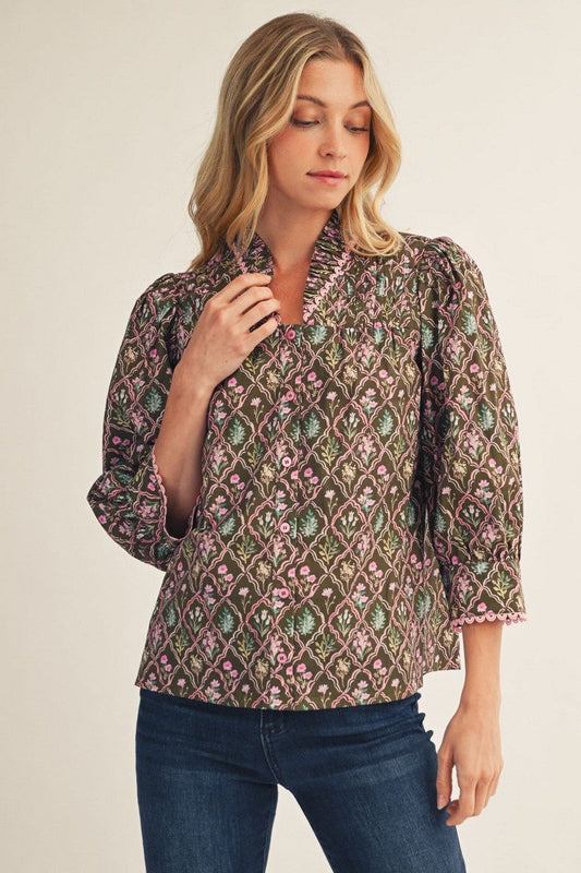 Jodifl Button Down Floral Top with Ric Rac