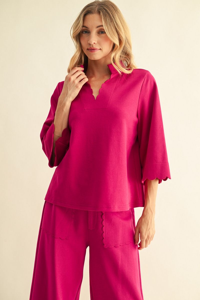 Jodifl 3/4 Sleeve Solid Top with Scallop Caftan