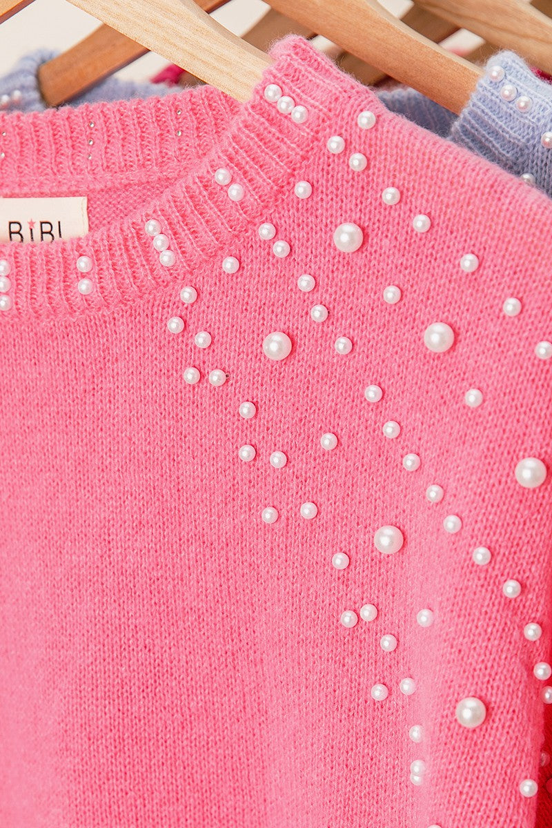 Bibi Pearl Beaded Short Sleeve Sweater - Pink