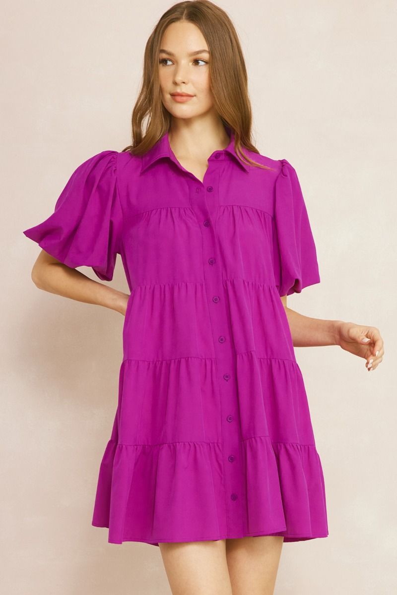 Entro Button Dress w/Balloon Sleeves - Violet