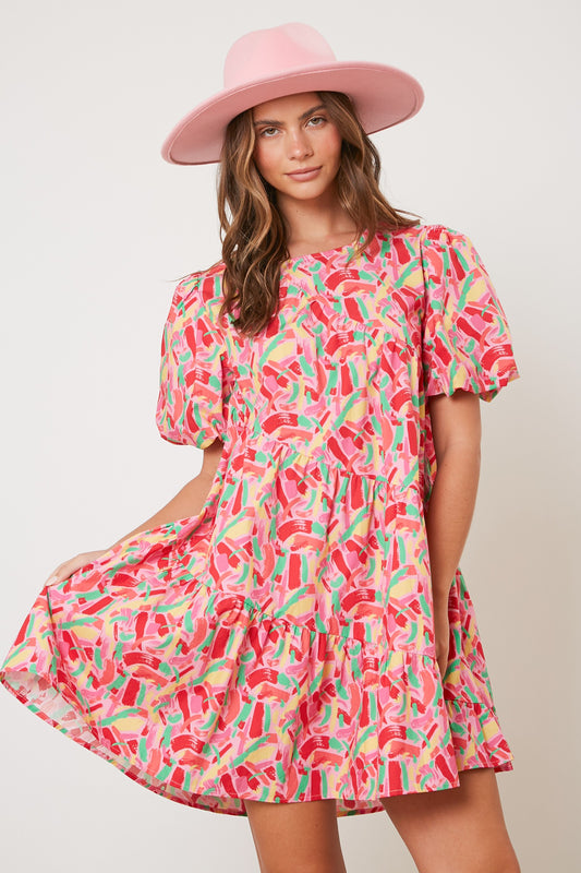 Peach Love Abstract Tiered Dress - Pink