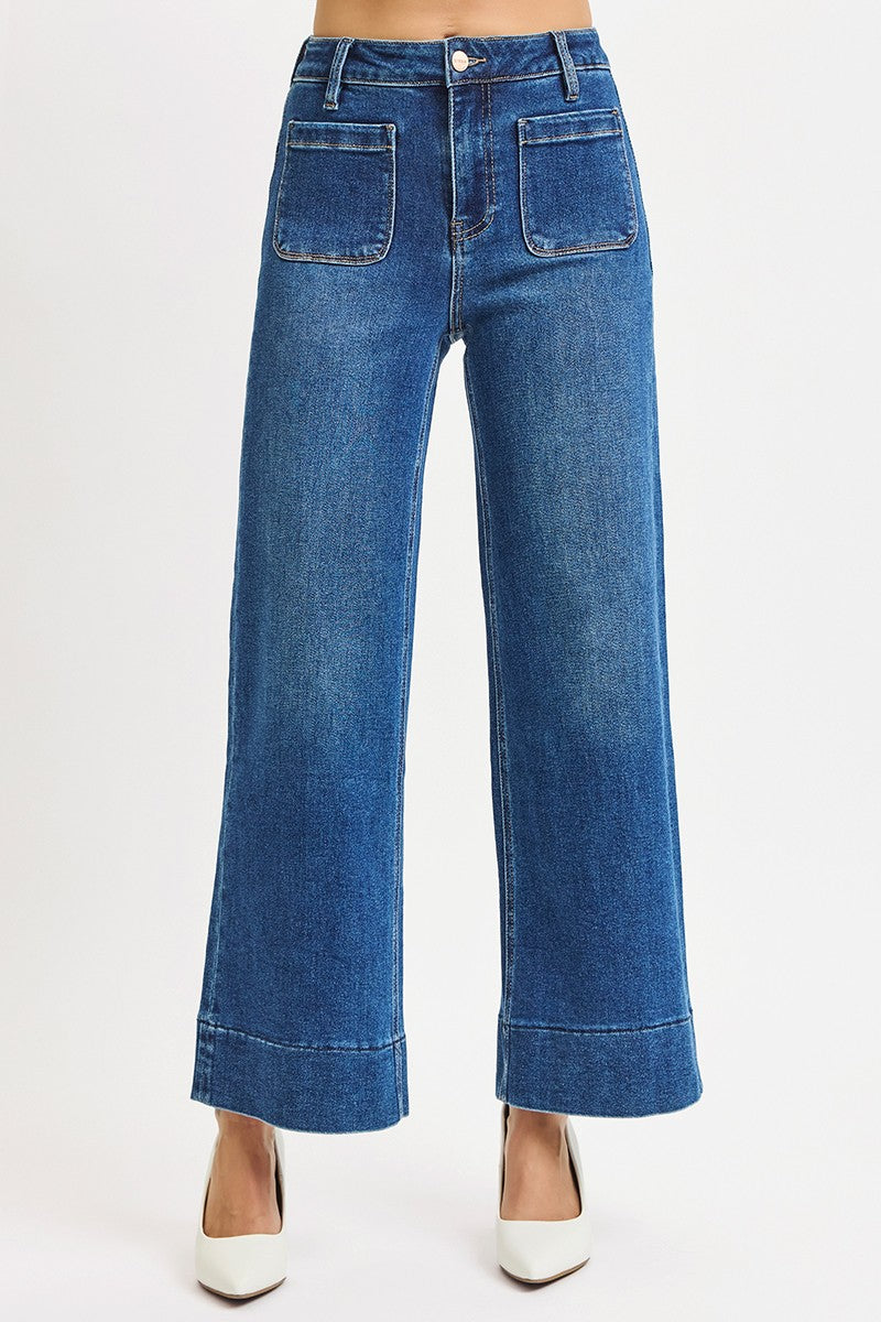 Risen Crop Wide Front Patch Pocket Jeans
