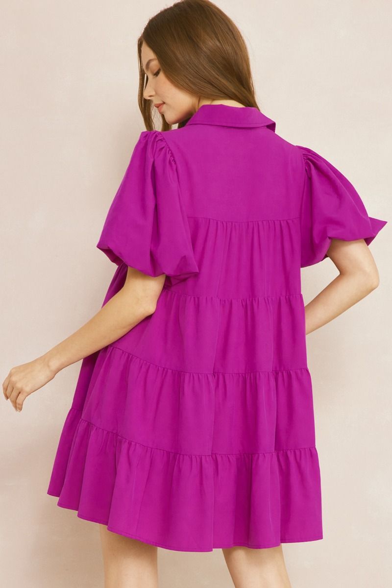 Entro Button Dress w/Balloon Sleeves - Violet