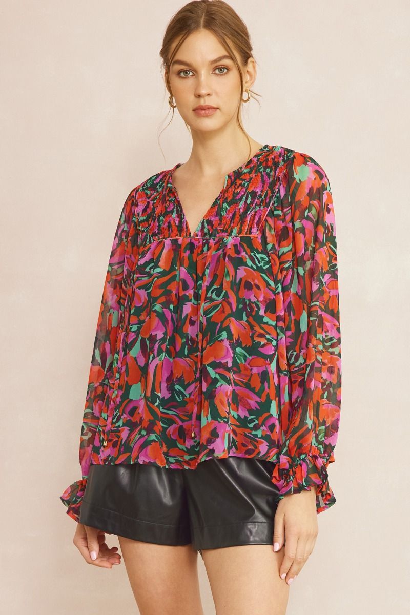 Entro Floral Print Smock LS Top - Hunter