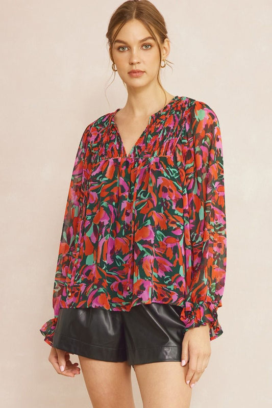 Entro Floral Print Smock LS Top - Hunter