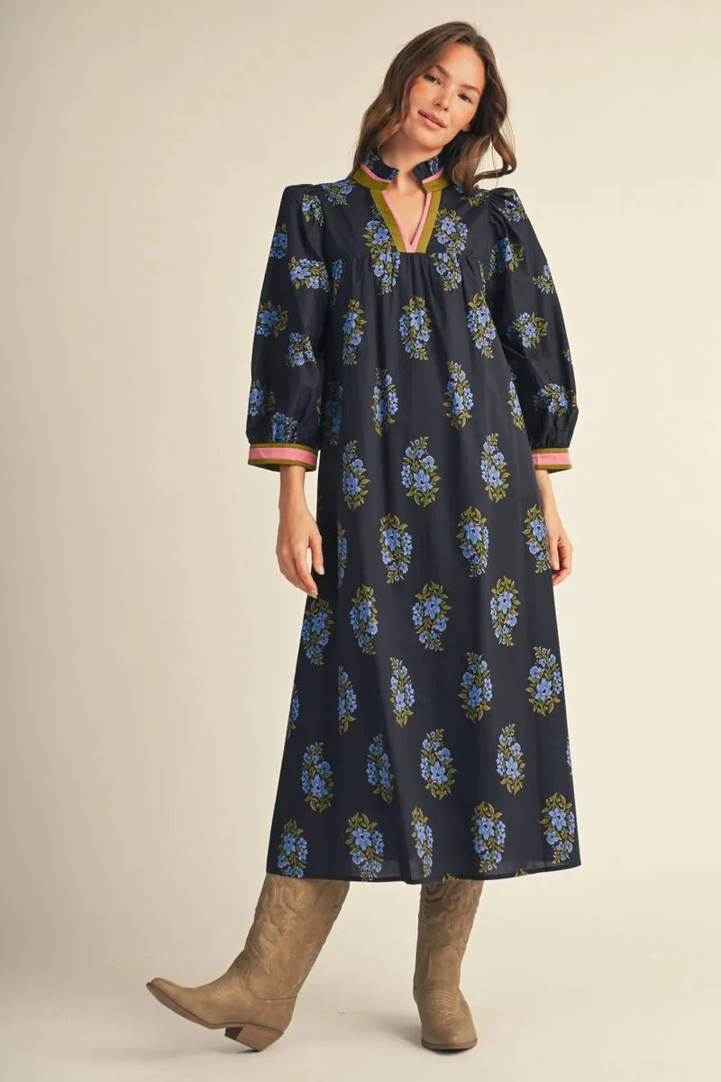 Jodifl 3/4 Floral Midi Dress with Contrast Stripes