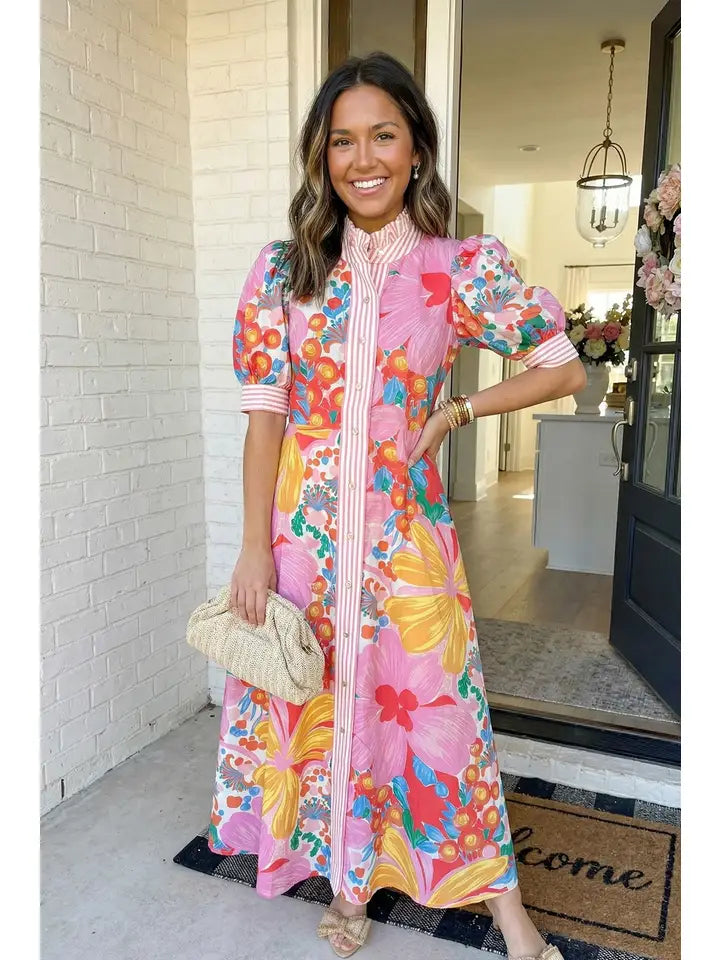 LAS Floral Striped Trim Midi Dress