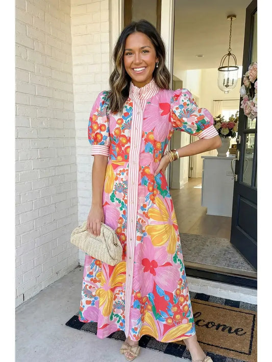LAS Floral Striped Trim Midi Dress