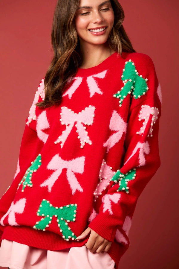 PLC Bow & Pearl Embellished Sweater