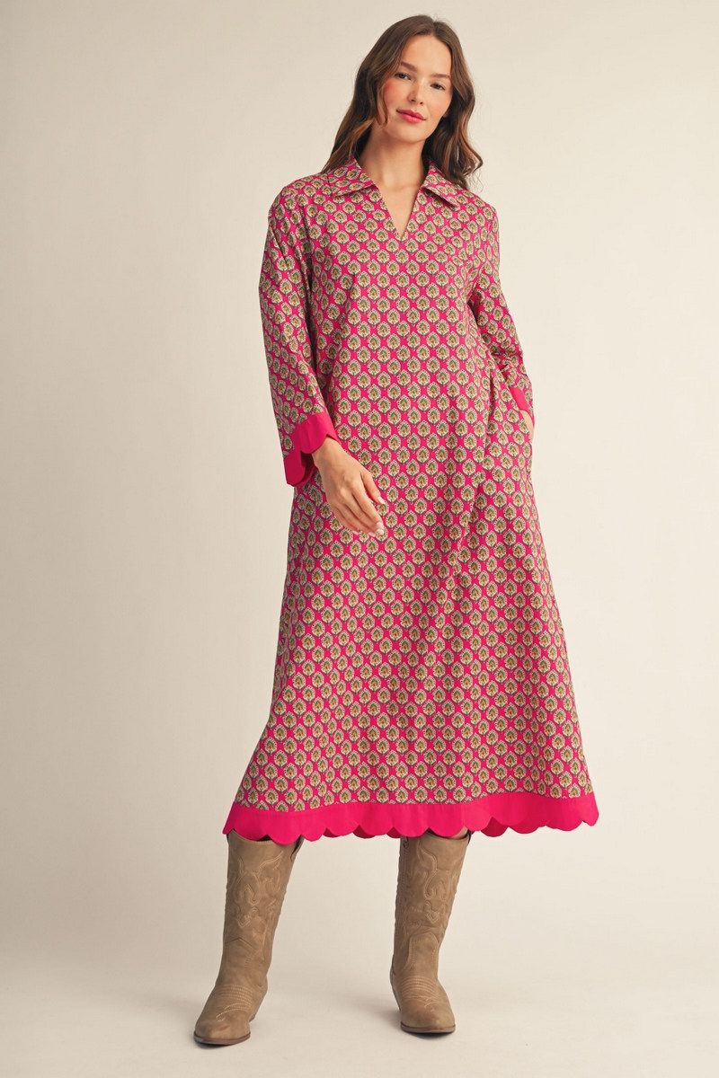Jodifl Geo Floral Midi Dress with Scallops