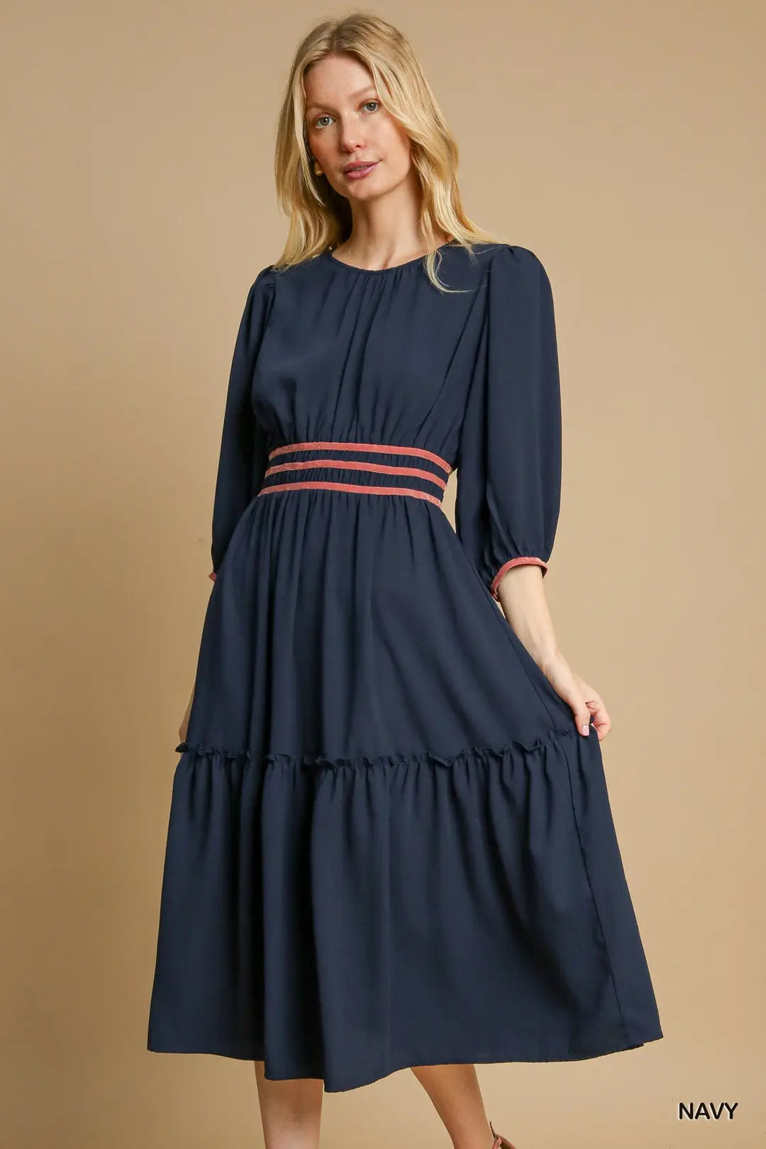 BF Round Neck Midi Dress with Velvet Stripes