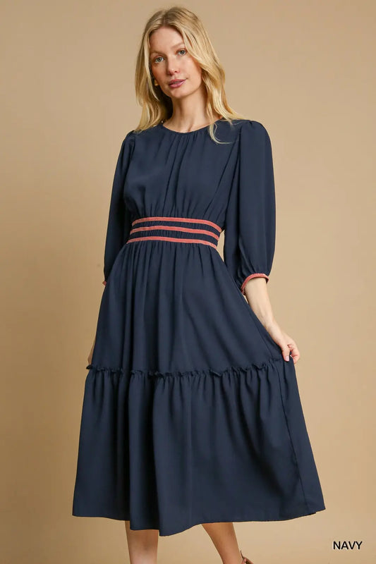 BF Round Neck Midi Dress with Velvet Stripes
