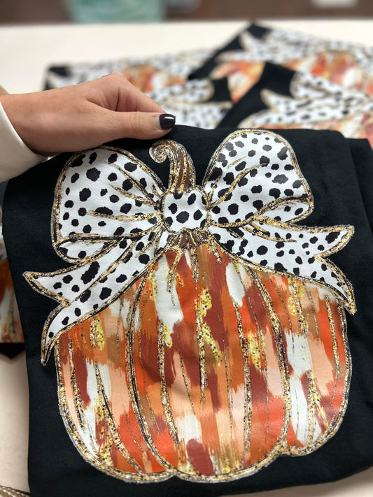 Sublimated Tee - Watercolor Bow Pumpkin, Black/Orange