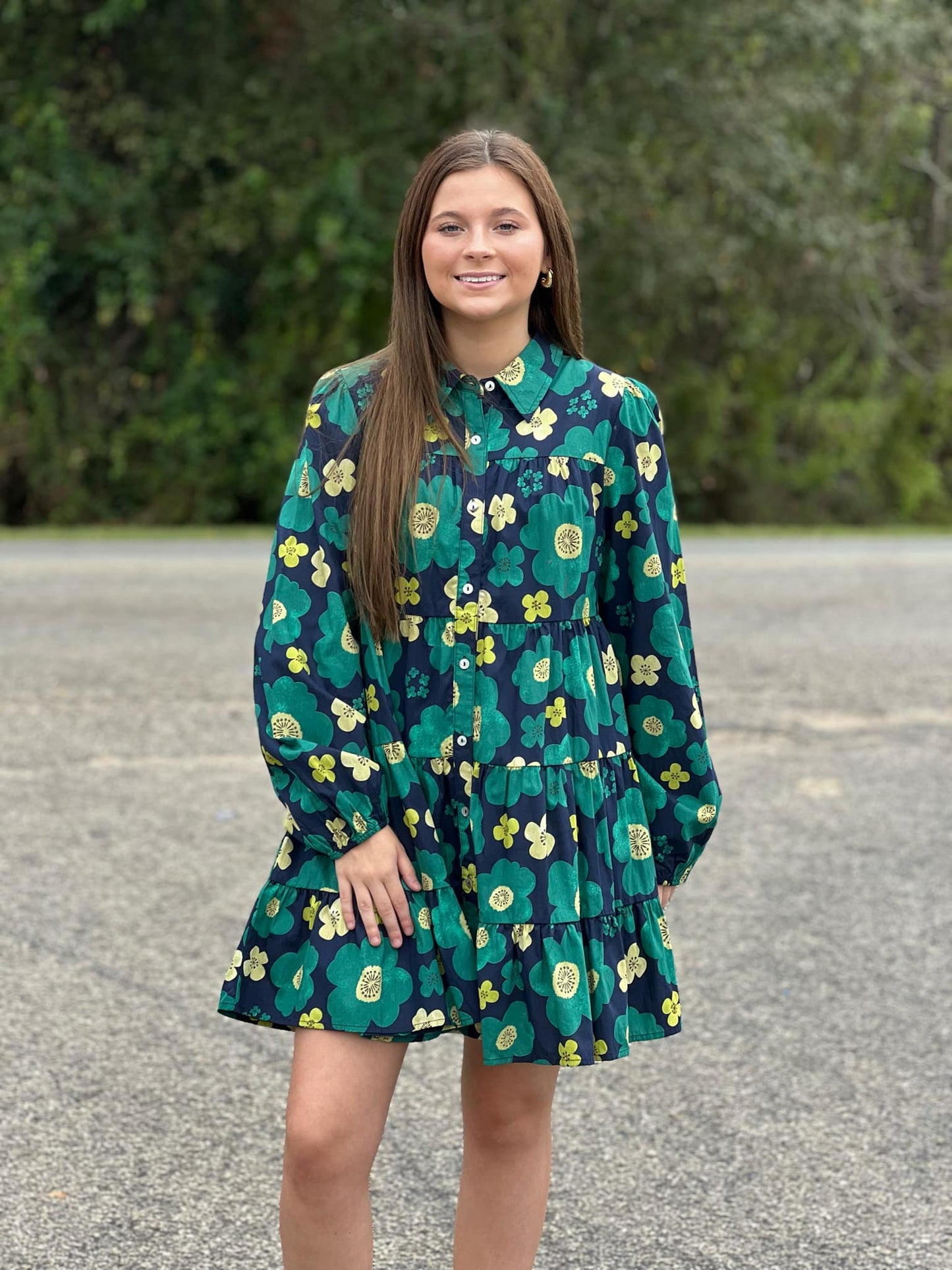 Jodifl LS Floral Tiered Dress - Navy/Green