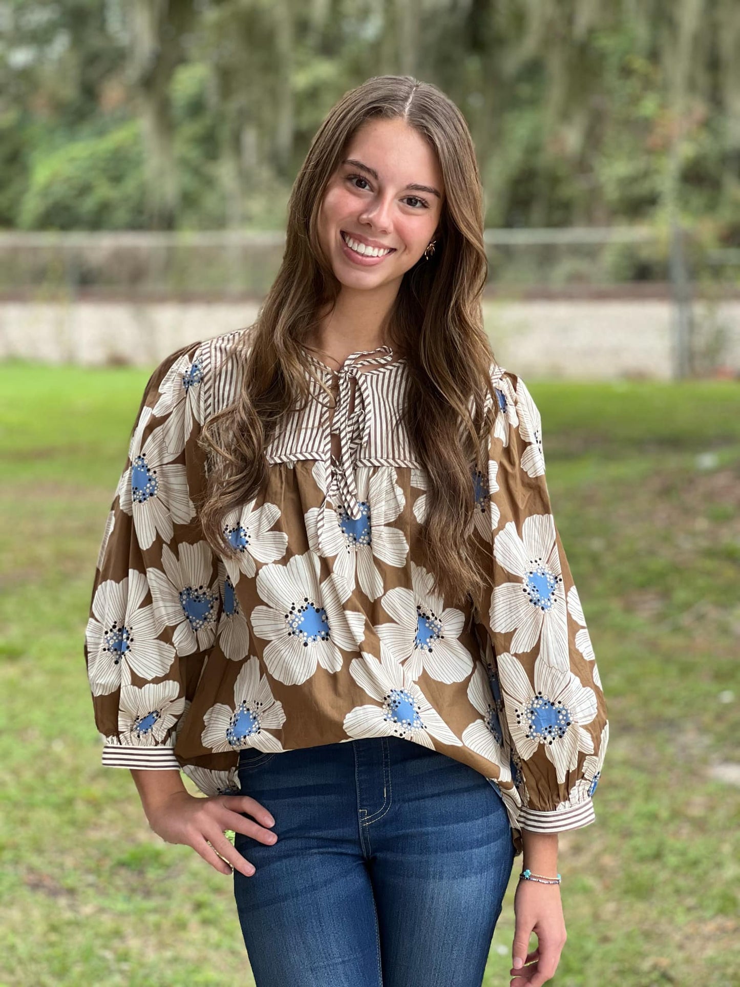 Entro Floral Seersucker Top - Blue/Brown