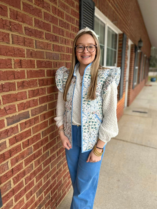 Veveret Blue Flower Ruffle Quilted Vest