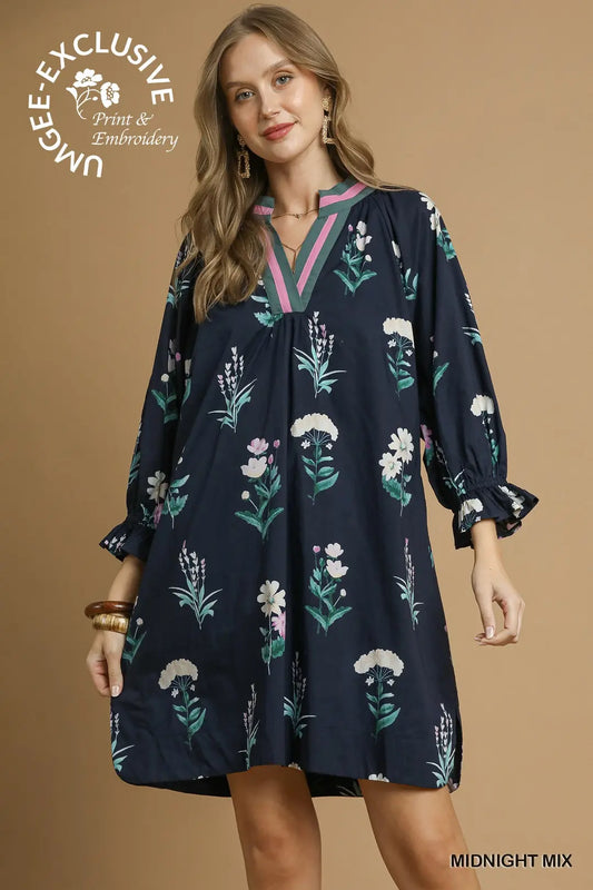 Umgee Floral Tunic Dress with Contrast Trim