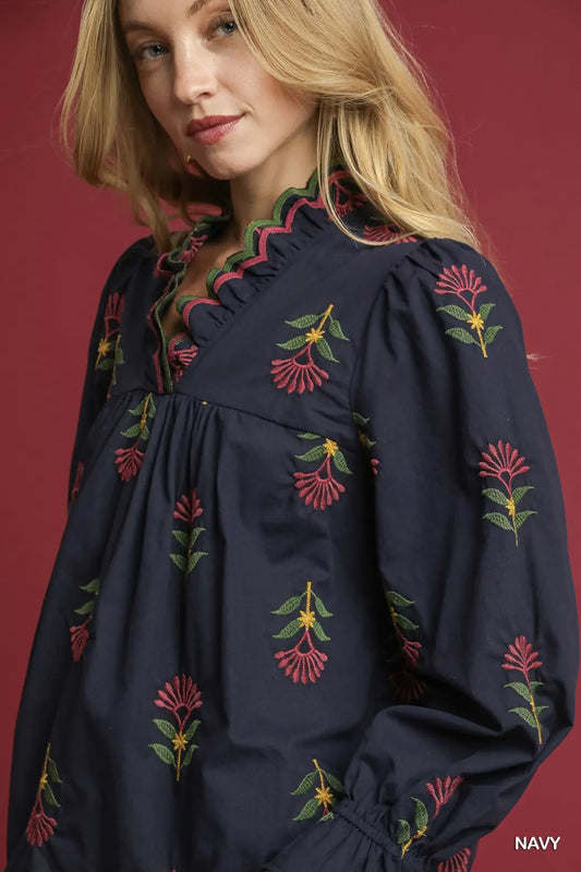 Umgee LS Embroidered Floral Ruffle Neck Blouse