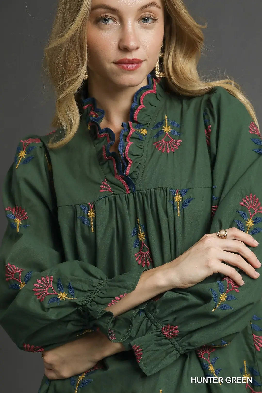 Umgee LS Embroidered Floral Ruffle Neck Blouse
