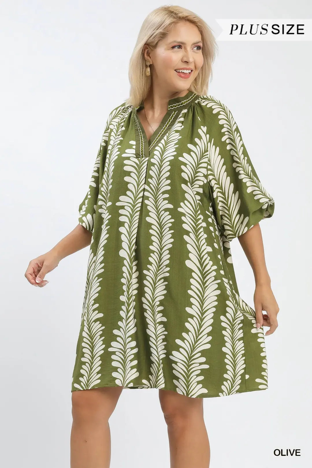 Umgee Plus Leaf Print Dress with Puff Sleeves