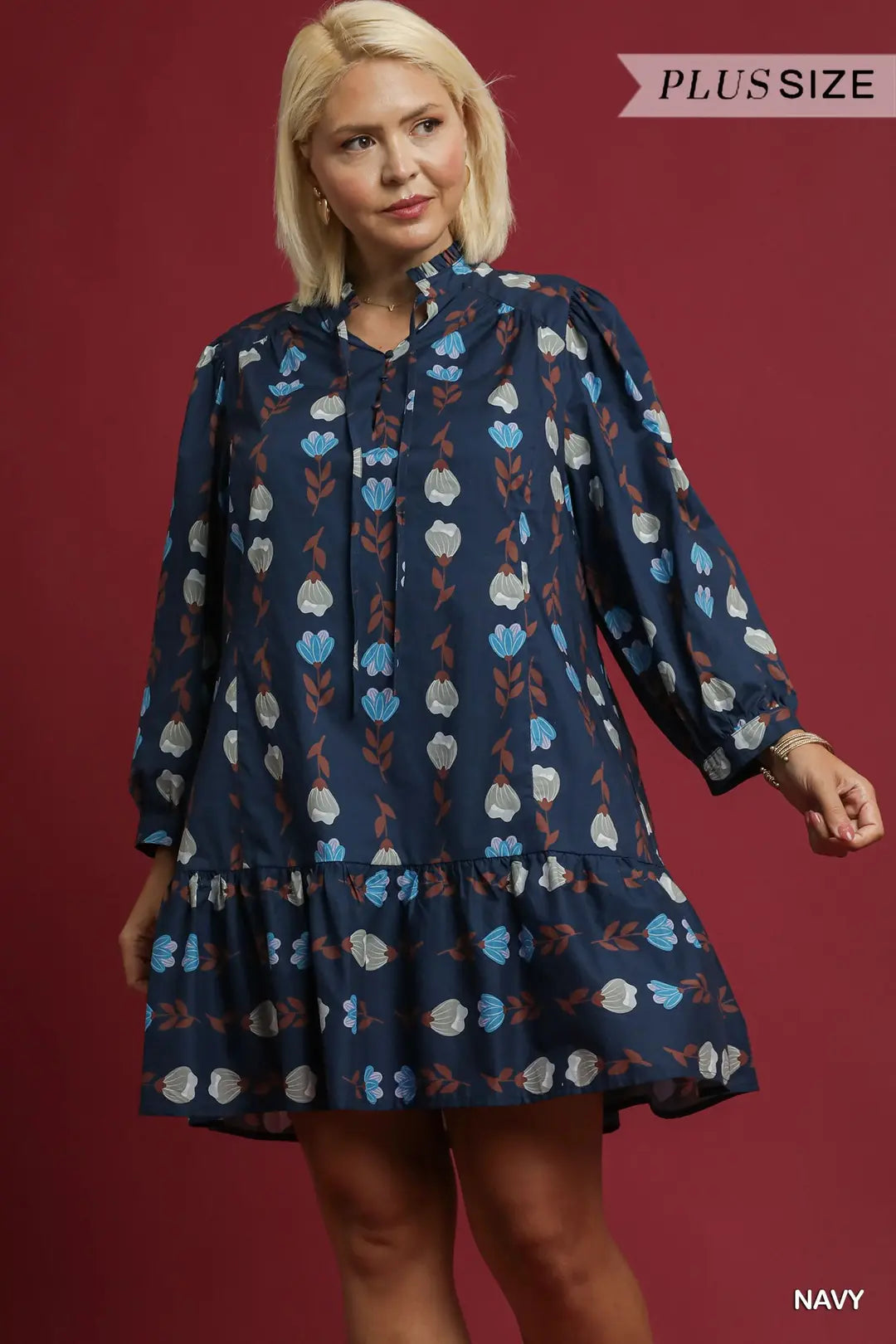 Umgee Navy Floral Stripe Peplum Dress