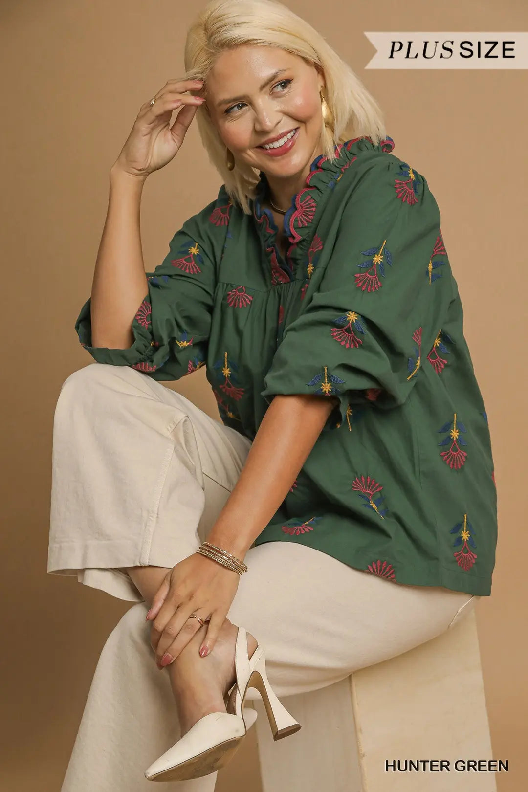 Umgee LS Embroidered Floral Ruffle Neck Blouse