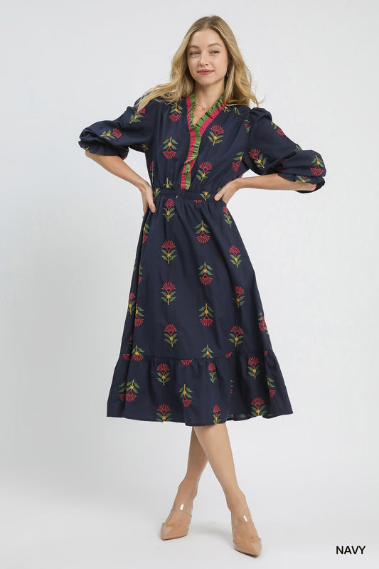 Umgee Boho Floral Embroidered Midi Dress