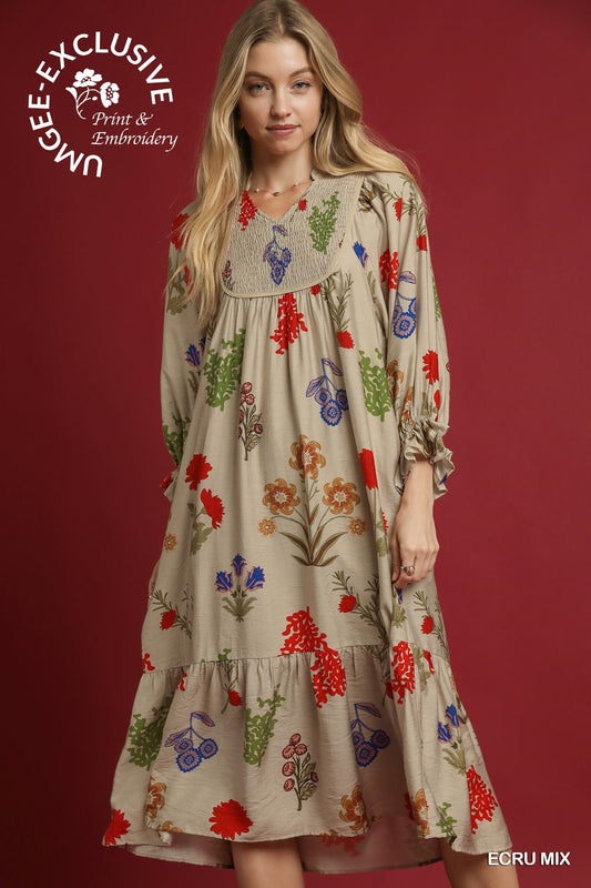 Umgee Floral Maxi Dress with Smocked Yoke