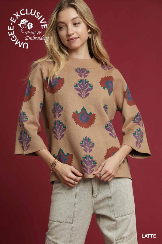 Umgee Floral Knit Crewneck Sweater