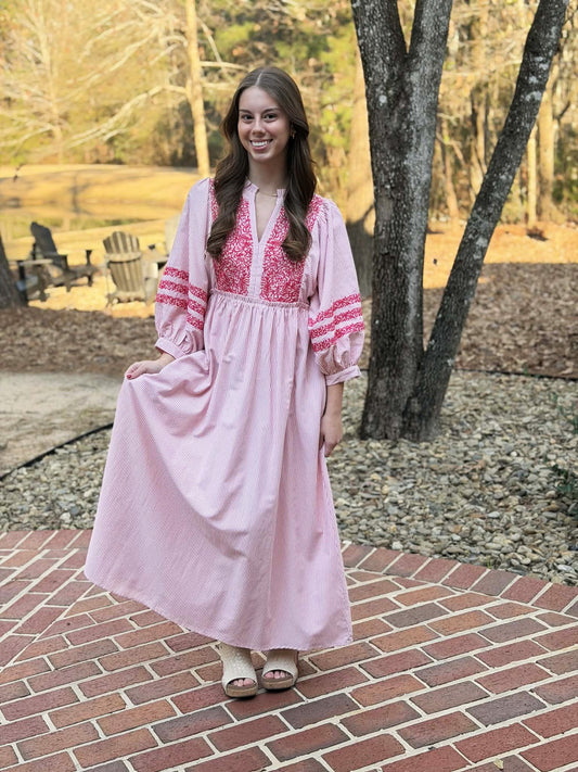 Jodifl Seersucker Midi Dress with Embroidery