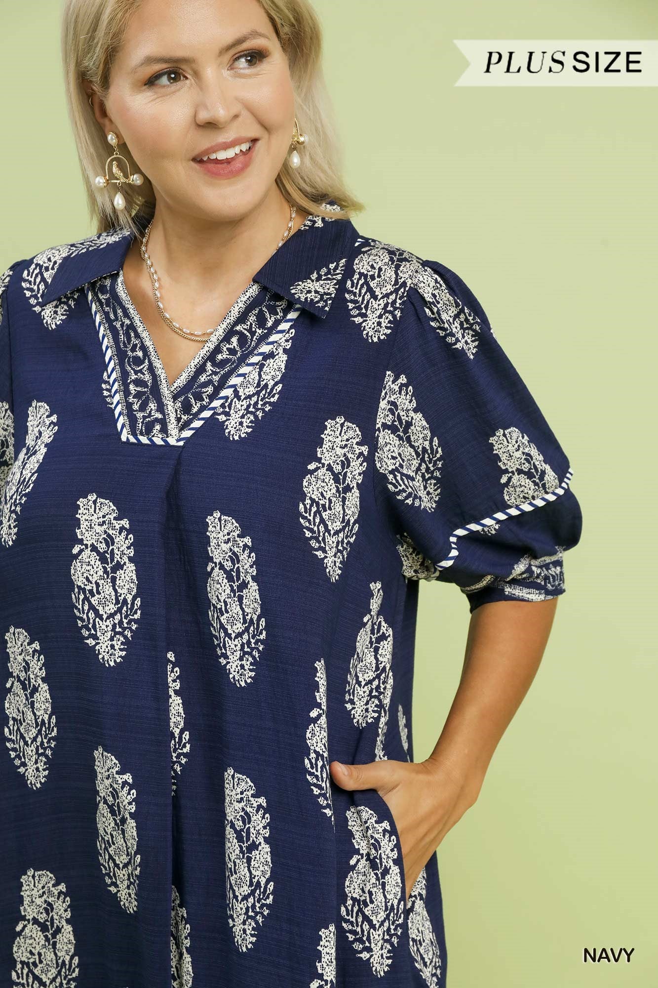 Umgee Border Print Collared Midi Dress