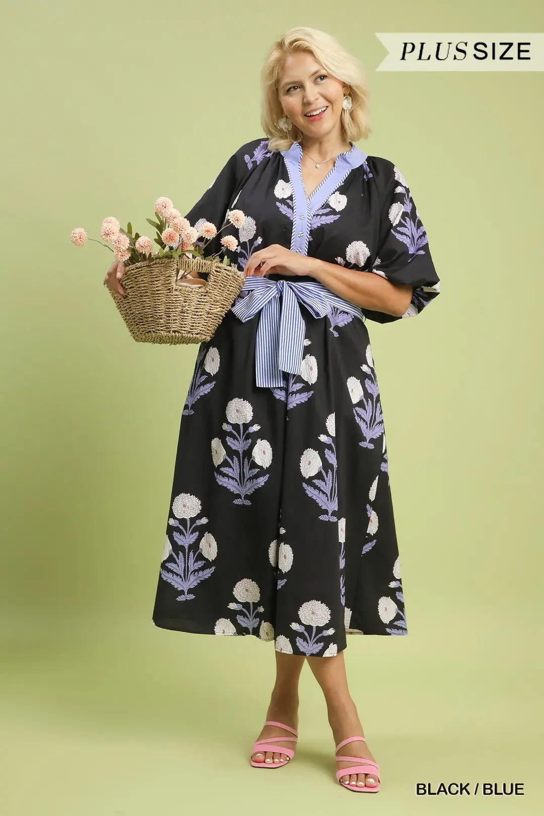 Umgee Stem Floral Print Tie Midi Dress