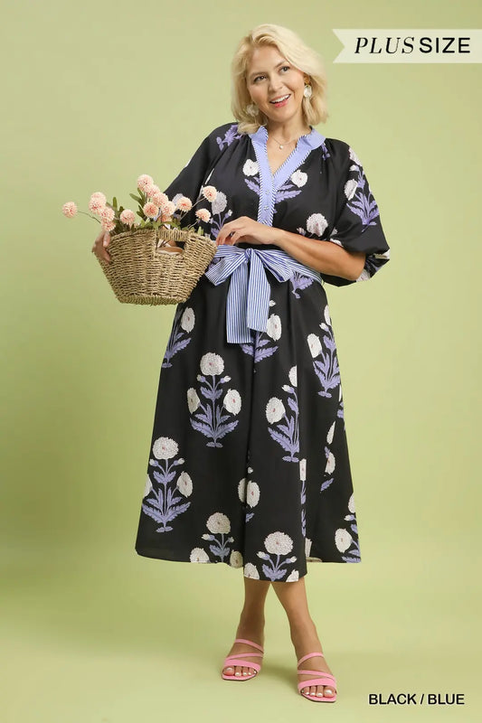 Umgee Stem Floral Print Tie Midi Dress