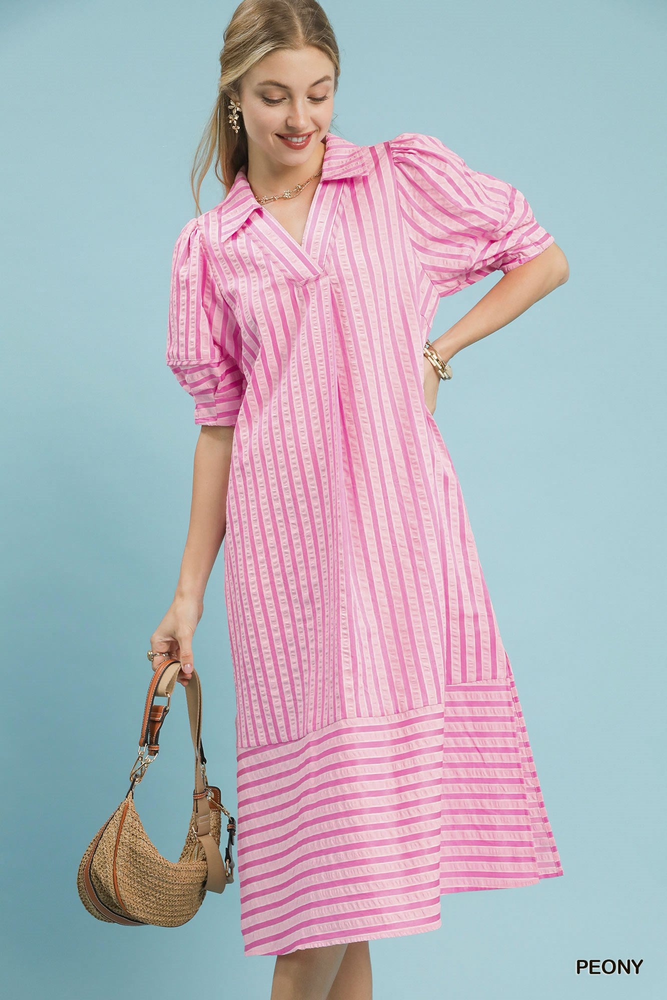 Umgee Striped Puff Sleeve Midi