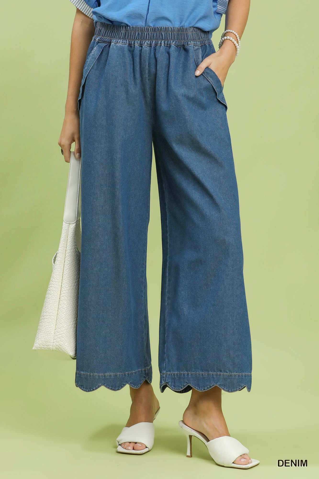 Umgee Chambray Scalloped Hem Pants