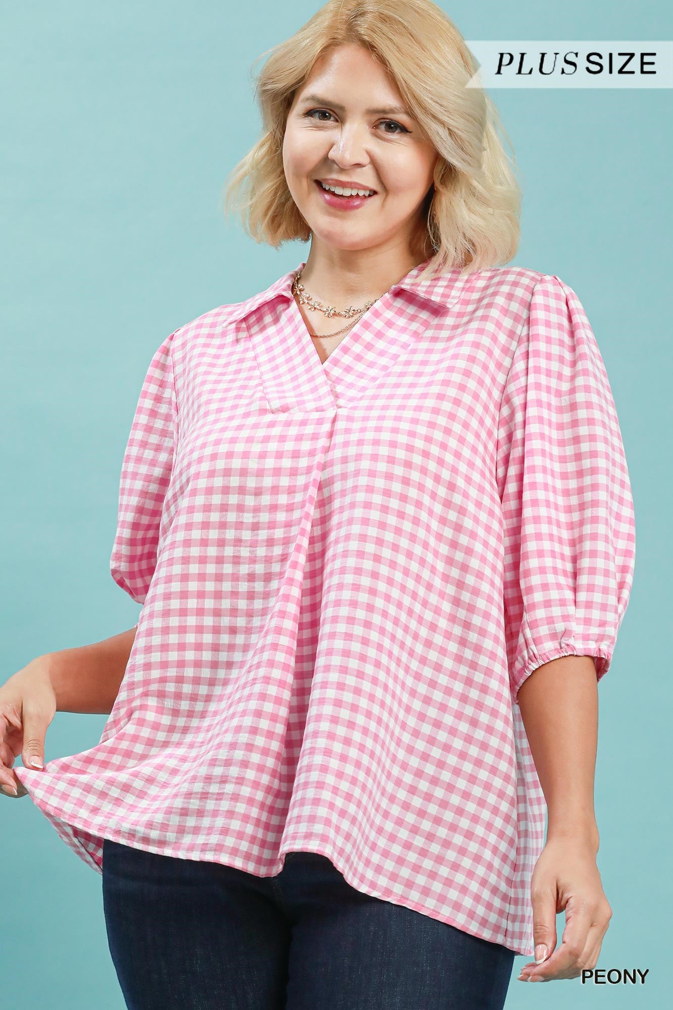 Umgee Plus Classic Gingham Blouse