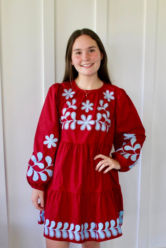 Jodifl Babydoll Dress with Blue Embroidery