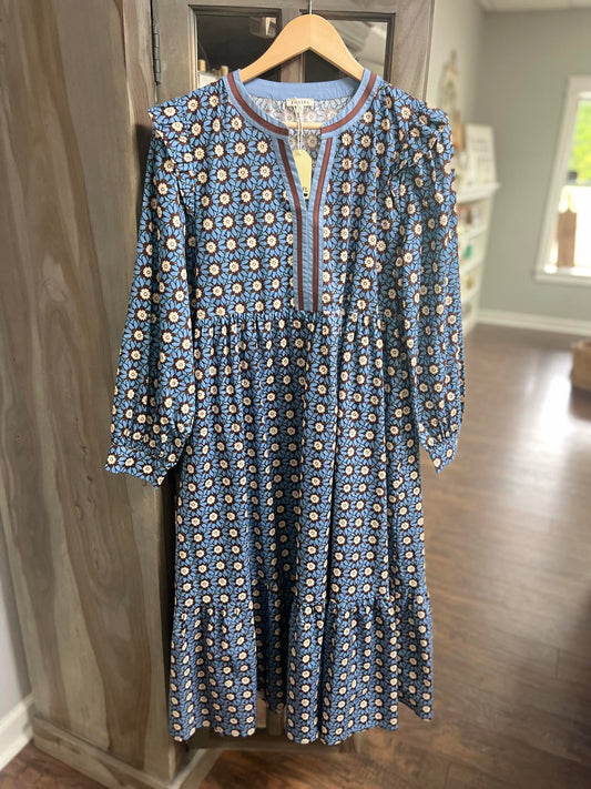 Jodifl LS Floral Midi Dress with Stripe Accents