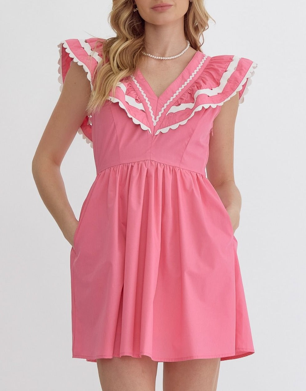 Entro Ric Rac Vneck Dress - Pink