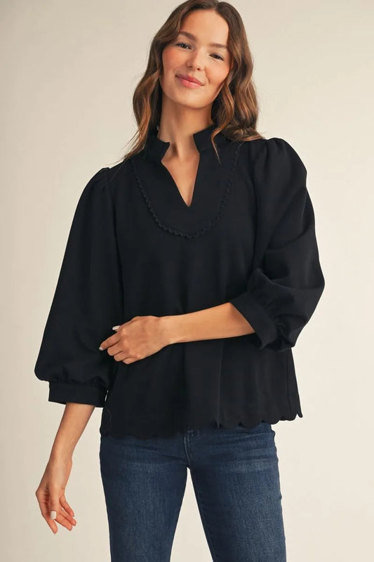 Jodifl 3/4 Puff Sleeve Scallop Hem Top