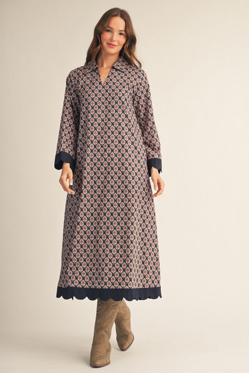 Jodifl Geo Floral Midi Dress with Scallops